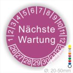 Prüfplaketten, Prüfetiketten rund, Farbe- Lila, Text "Nächste Wartung" in Weiß. Startjahr- 26, Monatszahlen Oben und Jahreszahlen Unten in Kreisform.