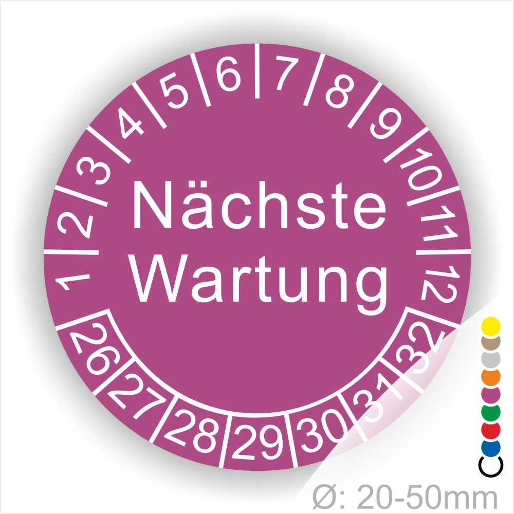 Prüfplaketten, Prüfetiketten rund, Farbe- Lila, Text "Nächste Wartung" in Weiß. Startjahr- 26, Monatszahlen Oben und Jahreszahlen Unten in Kreisform.