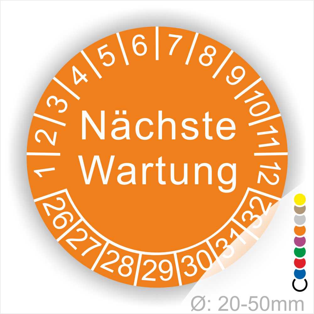 Prüfplaketten, Prüfetiketten rund, Farbe- Orange, Text "Nächste Wartung" in Weiß. Startjahr- 26, Monatszahlen Oben und Jahreszahlen Unten in Kreisform.