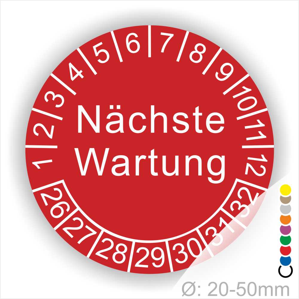 Prüfplaketten, Prüfetiketten rund, Farbe- Rot, Text "Nächste Wartung" in Weiß. Startjahr- 26, Monatszahlen Oben und Jahreszahlen Unten in Kreisform.