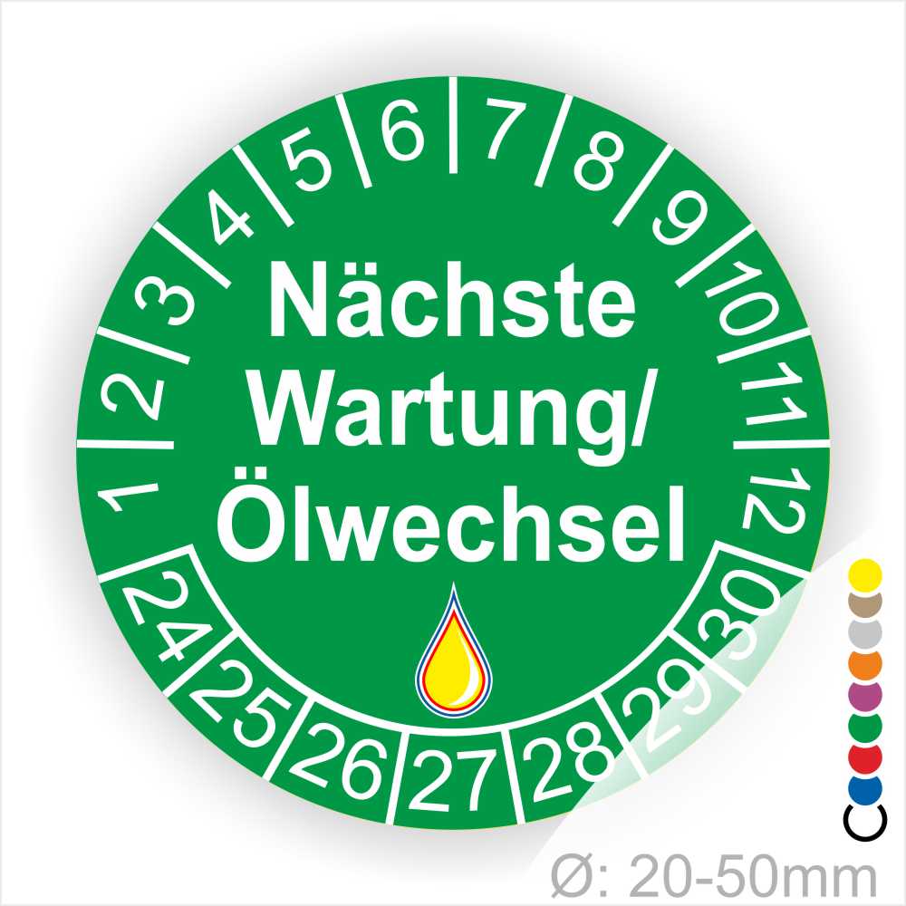 Prüfetiketten, Prüfaukleber rund, Farbe- Grau, Text "Nächste Wartung/Ölwechsel" in Weiß. Startjahr- 24, Monatszahlen Oben und Jahreszahlen Unten in Kreisform, über den Jahreszahlen ein Öltropfen als Icon/Piktogramm in Gelb.