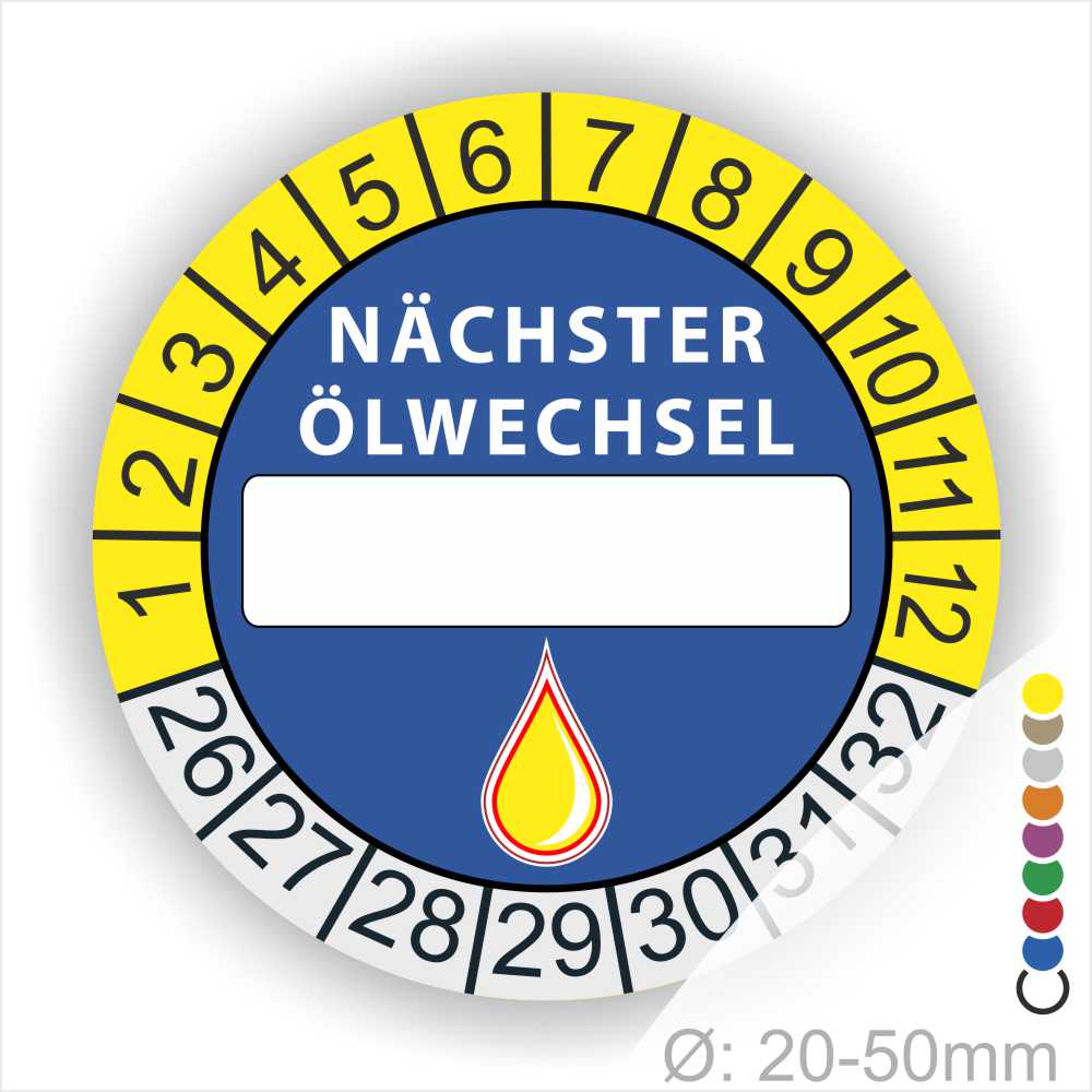 Nächster Ölwechsel Mehrjahresplakette, Prüfplakette mit Beschriftungsfeld in Farbe Gelb-Blau mit Öl-Tropfen Icon, Startjahr 26