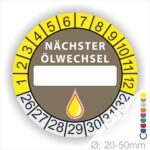 Nächster Ölwechsel Mehrjahresplakette, Prüfplakette mit Beschriftungsfeld in Farbe Gelb-Braun mit Öl-Tropfen Icon, Startjahr 26
