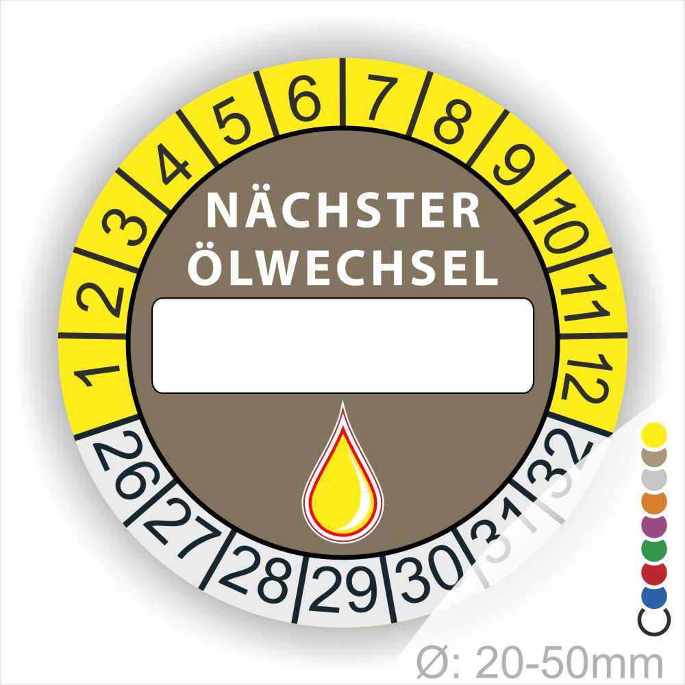 Nächster Ölwechsel Mehrjahresplakette, Prüfplakette mit Beschriftungsfeld in Farbe Gelb-Braun mit Öl-Tropfen Icon, Startjahr 26