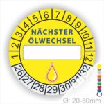 Nächster Ölwechsel Mehrjahresplakette, Prüfplakette mit Beschriftungsfeld in Farbe Gelb-Gelb mit Öl-Tropfen Icon, Startjahr 26