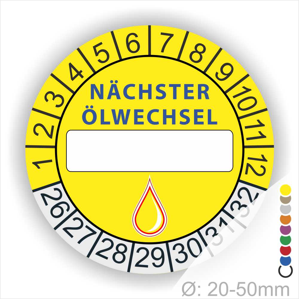 Nächster Ölwechsel Mehrjahresplakette, Prüfplakette mit Beschriftungsfeld in Farbe Gelb-Gelb mit Öl-Tropfen Icon, Startjahr 26