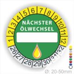 Nächster Ölwechsel Mehrjahresplakette, Prüfplakette mit Beschriftungsfeld in Farbe Gelb-Gruen mit Öl-Tropfen Icon, Startjahr 26