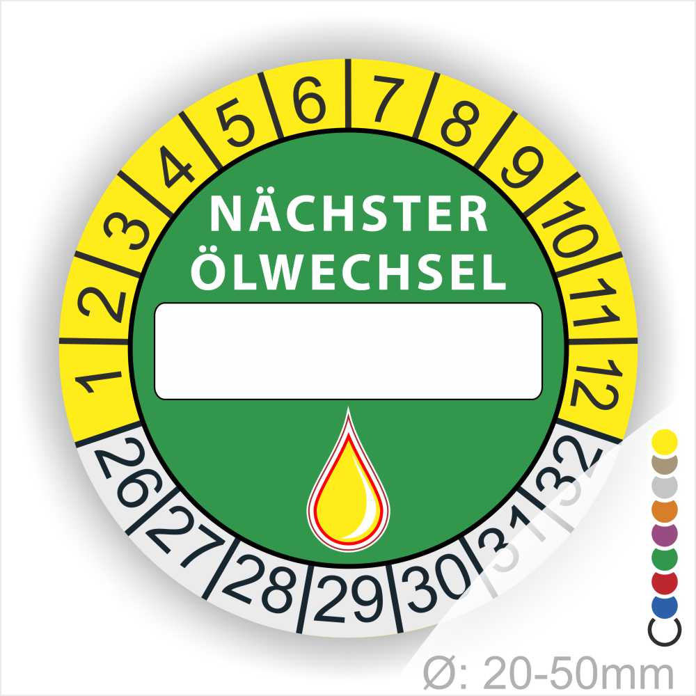 Nächster Ölwechsel Mehrjahresplakette, Prüfplakette mit Beschriftungsfeld in Farbe Gelb-Gruen mit Öl-Tropfen Icon, Startjahr 26