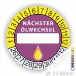 Nächster Ölwechsel Mehrjahresplakette, Prüfplakette mit Beschriftungsfeld in Farbe Gelb-Lila mit Öl-Tropfen Icon, Startjahr 26