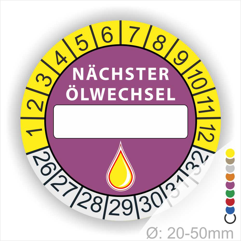 Nächster Ölwechsel Mehrjahresplakette, Prüfplakette mit Beschriftungsfeld in Farbe Gelb-Lila mit Öl-Tropfen Icon, Startjahr 26