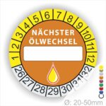 Nächster Ölwechsel Mehrjahresplakette, Prüfplakette mit Beschriftungsfeld in Farbe Gelb-Orange mit Öl-Tropfen Icon, Startjahr 26