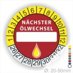 Nächster Ölwechsel Mehrjahresplakette, Prüfplakette mit Beschriftungsfeld in Farbe Gelb-Rot mit Öl-Tropfen Icon, Startjahr 26