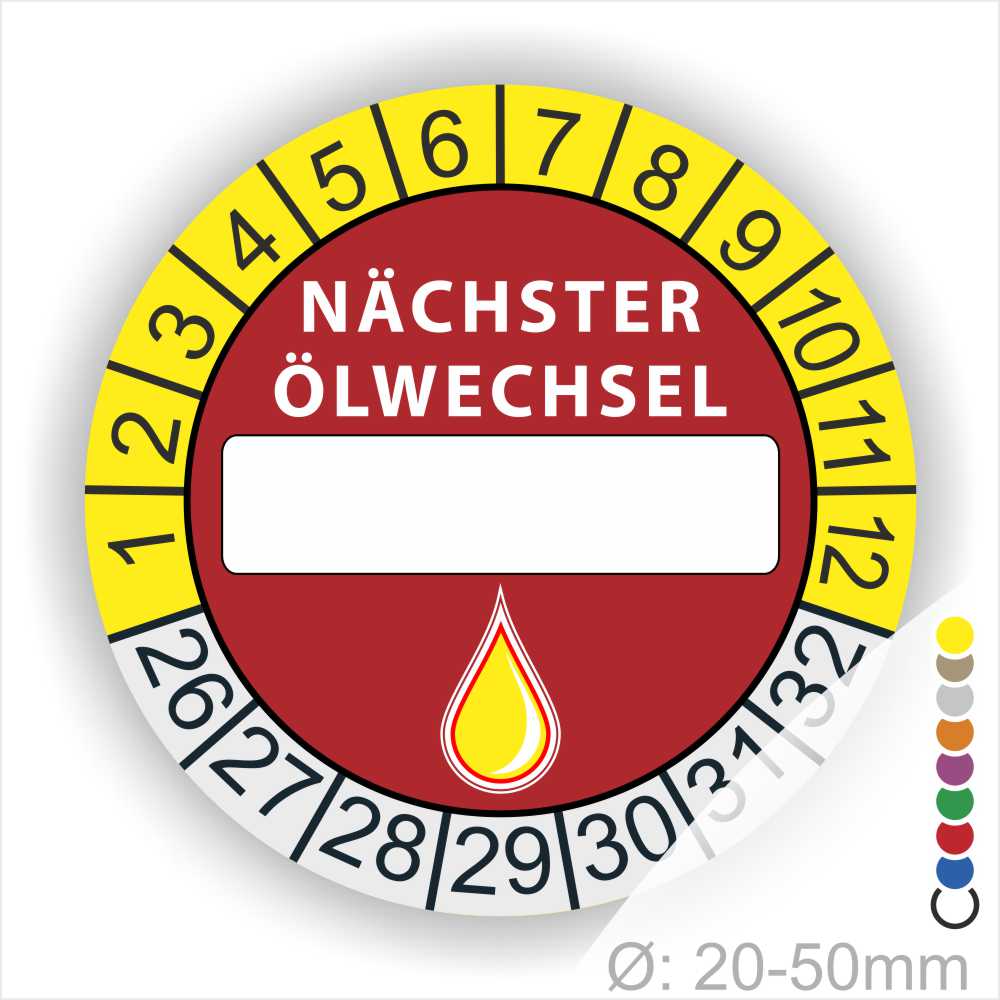 Nächster Ölwechsel Mehrjahresplakette, Prüfplakette mit Beschriftungsfeld in Farbe Gelb-Rot mit Öl-Tropfen Icon, Startjahr 26