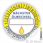 Nächster Ölwechsel Mehrjahresplakette, Prüfplakette mit Beschriftungsfeld in Farbe Gelb-Weiss mit Öl-Tropfen Icon, Startjahr 26