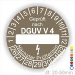 Prüfplakette rund mit Text geprüft nach DGUV Vorschrift 4 danach Beschriftungsfeld in Weiß und Text Nächster Prüftermin. Plaketten Farbe- Braun und Text in Weiß. Monatszahlen oben und Jahreszahlen unten beginnend mit Startjahr- 26.