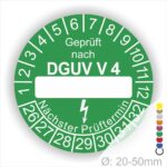 Prüfplakette rund mit Text geprüft nach DGUV Vorschrift 4 danach Beschriftungsfeld in Weiß und Text Nächster Prüftermin. Plaketten Farbe- Grün und Text in Weiß. Monatszahlen oben und Jahreszahlen unten beginnend mit Startjahr- 26.