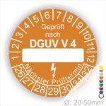 Prüfplakette rund mit Text geprüft nach DGUV Vorschrift 4 danach Beschriftungsfeld in Weiß und Text Nächster Prüftermin. Plaketten Farbe- Orange und Text in Weiß. Monatszahlen oben und Jahreszahlen unten beginnend mit Startjahr- 26.