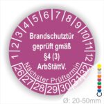 Prüfplakette Brandschutztür geprüft gemäß §4 (3) ArbStättV. Startjahr- 26, Farbe- Lila