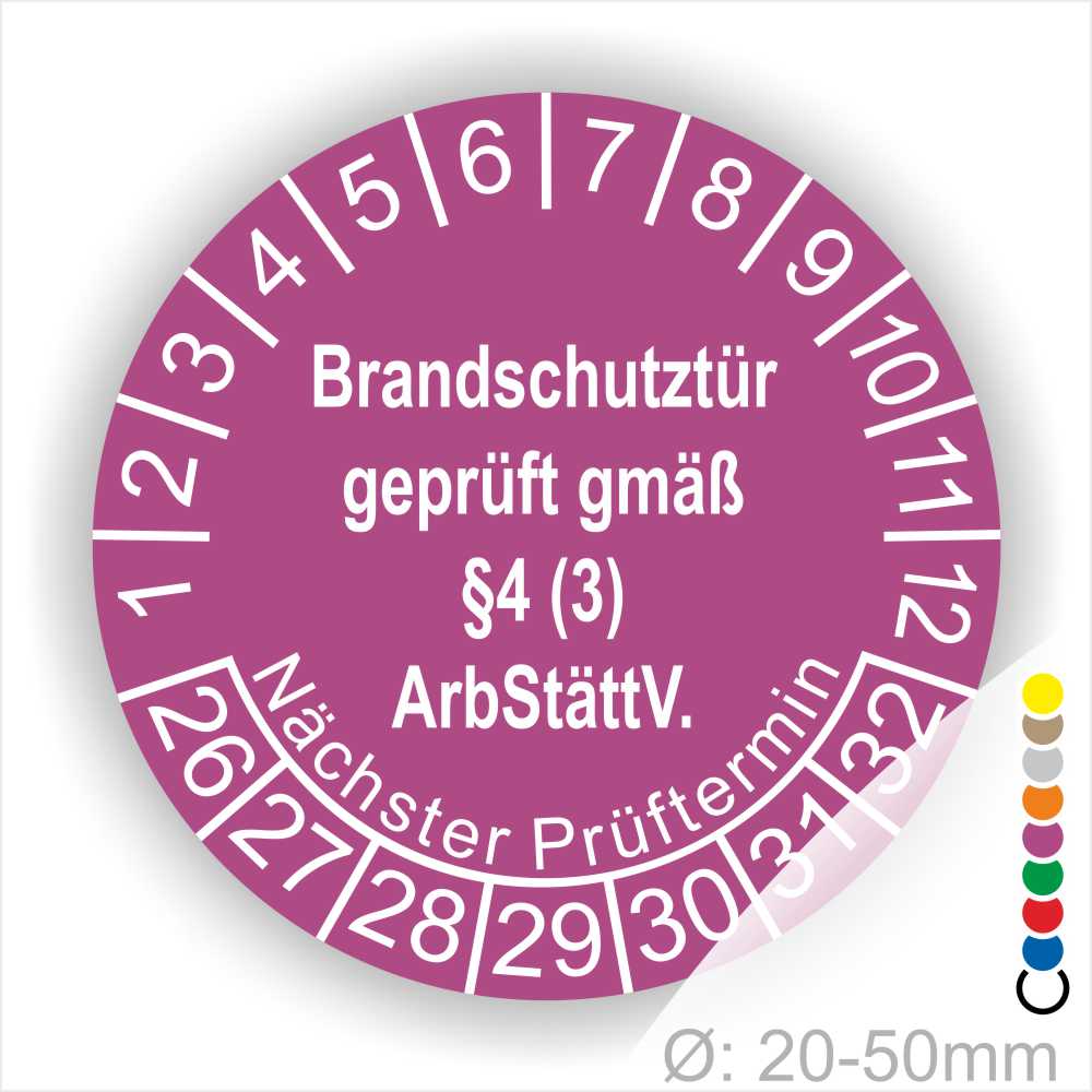 Prüfplakette Brandschutztür geprüft gemäß §4 (3) ArbStättV. Startjahr- 26, Farbe- Lila