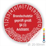 Prüfplakette Brandschutztür geprüft gemäß §4 (3) ArbStättV. Startjahr- 26, Farbe- Rot