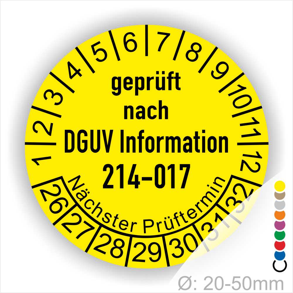 Prüfplakette DGUV Information 214-017 Prüfung für Sicherer Einsatz von Abroll- und Abgleitkippern Starjahr- 26, Farbe- Gelb