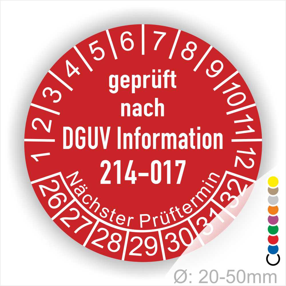Prüfplakette DGUV Information 214-017 Prüfung für Sicherer Einsatz von Abroll- und Abgleitkippern Starjahr- 26, Farbe- Rot