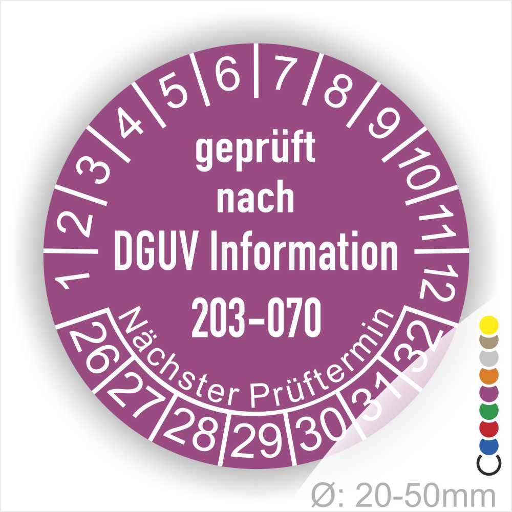 Prüfplaketten rund Text: DGUV Information 203-070  Bisherige Nummer: BGI 5090 Sachgebiet: Elektrotechnik und Feinmechanik. Plaketten Farbe- Lila und Text in Weiß. Monatszahlen oben und Jahreszahlen unten beginnend mit Startjahr- 26. Durchmesser 20-50mm frei wählbar.