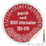Prüfplaketten rund Text: DGUV Information 203-070  Bisherige Nummer: BGI 5090 Sachgebiet: Elektrotechnik und Feinmechanik. Plaketten Farbe- Rot und Text in Weiß. Monatszahlen oben und Jahreszahlen unten beginnend mit Startjahr- 26. Durchmesser 20-50mm frei wählbar.
