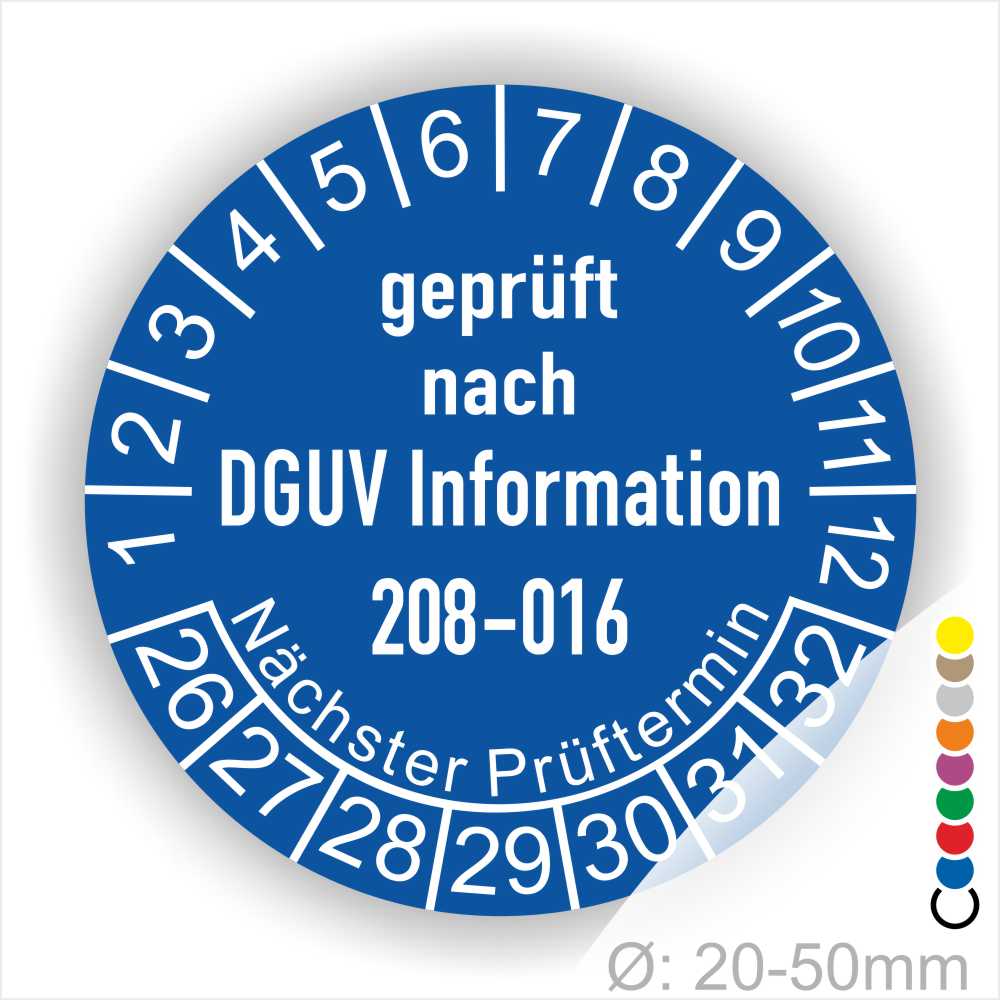Leitern und Tritte Prüfung Prüfplaketten DGUV Information 208-016 in Farbe Blau, Statjahr 26