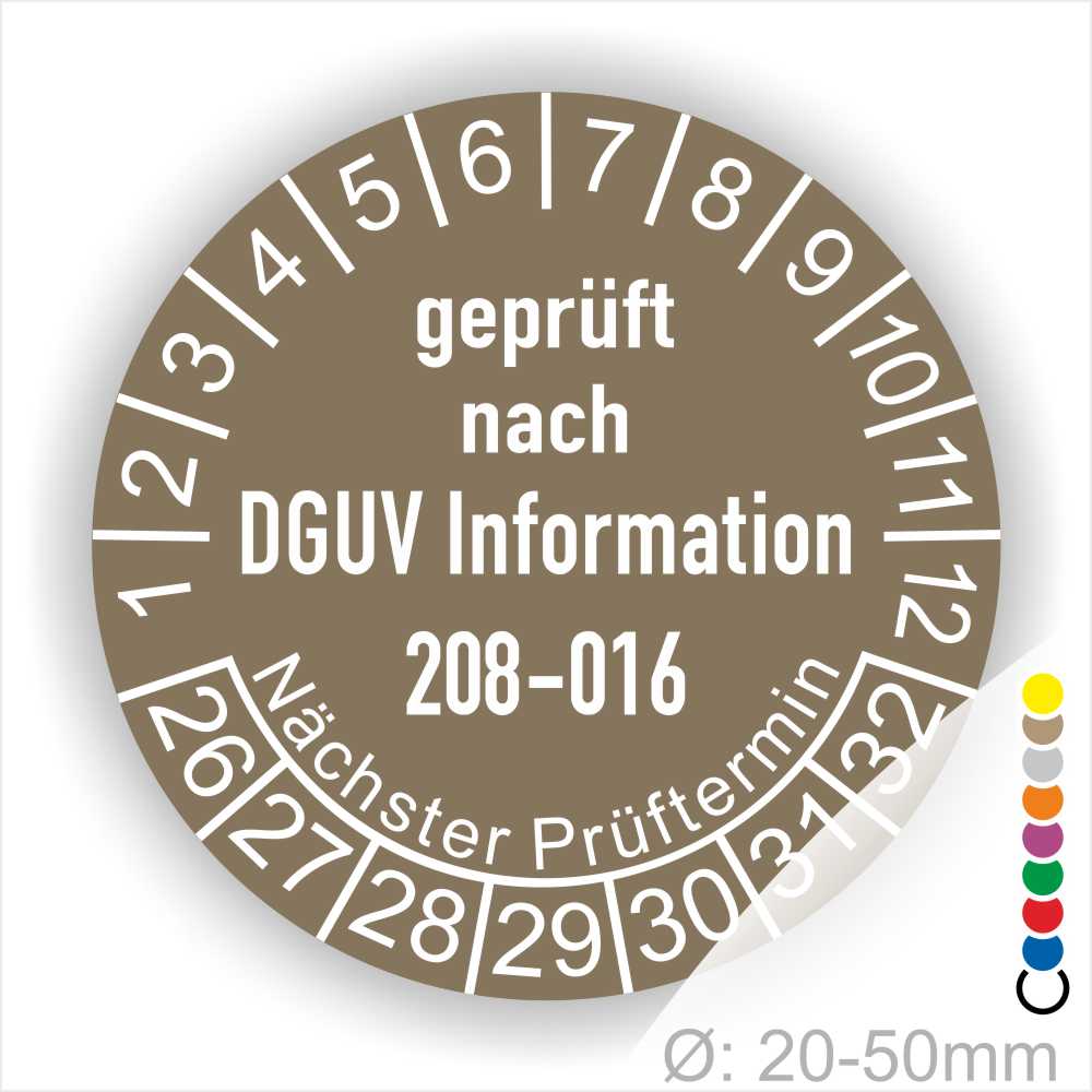 Leitern und Tritte Prüfung Prüfplaketten DGUV Information 208-016 in Farbe Braun, Statjahr 26
