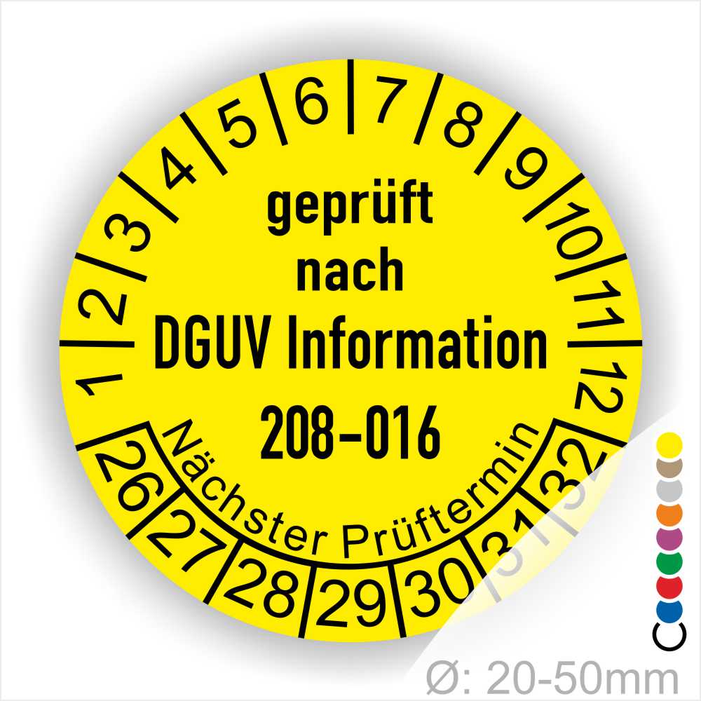 Leitern und Tritte Prüfung Prüfplaketten DGUV Information 208-016 in Farbe Gelb, Statjahr 26