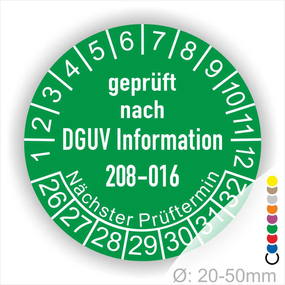 Leitern und Tritte Prüfung Prüfplaketten DGUV Information 208-016 in Farbe Grün, Statjahr 26