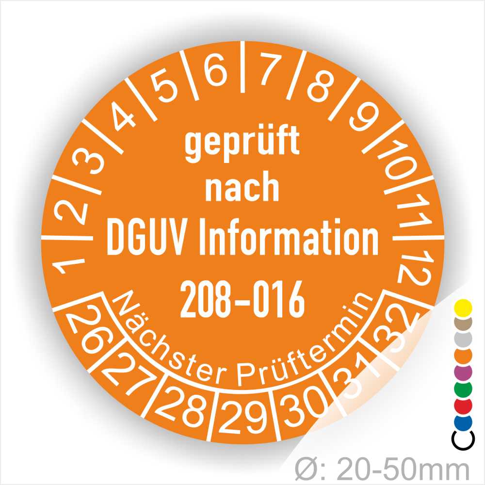 Leitern und Tritte Prüfung Prüfplaketten DGUV Information 208-016 in Farbe Orange, Statjahr 26