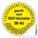 Prüfplaketten rund Text: DGUV Information 208-043 Plaketten Farbe- Gelb und Text in Schwarz. Monatszahlen oben und Jahreszahlen unten beginnend mit Startjahr- 26. Durchmesser 20-50mm frei wählbar.
