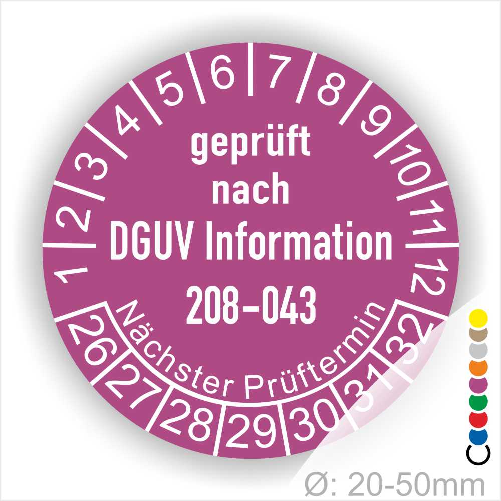 Prüfplaketten rund Text: DGUV Information 208-043 Plaketten Farbe- Lila und Text in Weiß. Monatszahlen oben und Jahreszahlen unten beginnend mit Startjahr- 26. Durchmesser 20-50mm frei wählbar.