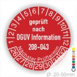 Prüfplaketten rund Text: DGUV Information 208-043 Plaketten Farbe- Rot und Text in Weiß. Monatszahlen oben und Jahreszahlen unten beginnend mit Startjahr- 26. Durchmesser 20-50mm frei wählbar.