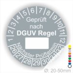Prüfplakette rund mit Text geprüft nach DGUV Regel danach Beschriftungsfeld in Weiß und Text Nächster Prüftermin. Plaketten Farbe- Grau und Text in Weiß. Monatszahlen oben und Jahreszahlen unten beginnend mit Startjahr- 26. Durchmesser 20-50mm frei wählbar.