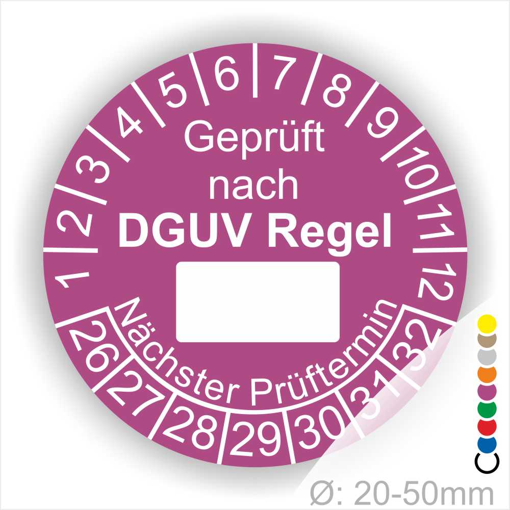 Prüfplakette rund mit Text geprüft nach DGUV Regel danach Beschriftungsfeld in Weiß und Text Nächster Prüftermin. Plaketten Farbe- Lila und Text in Weiß. Monatszahlen oben und Jahreszahlen unten beginnend mit Startjahr- 26. Durchmesser 20-50mm frei wählbar.