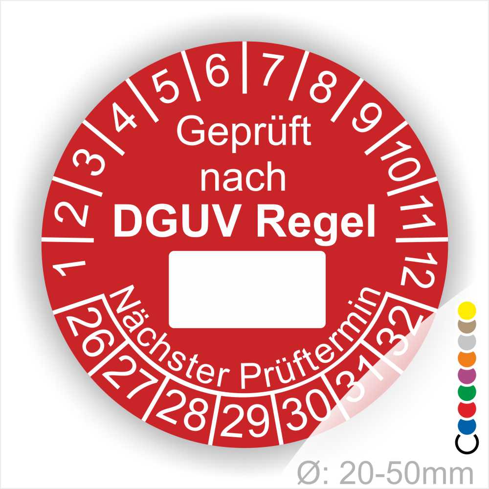 Prüfplakette rund mit Text geprüft nach DGUV Regel danach Beschriftungsfeld in Weiß und Text Nächster Prüftermin. Plaketten Farbe- Rot und Text in Weiß. Monatszahlen oben und Jahreszahlen unten beginnend mit Startjahr- 26. Durchmesser 20-50mm frei wählbar.