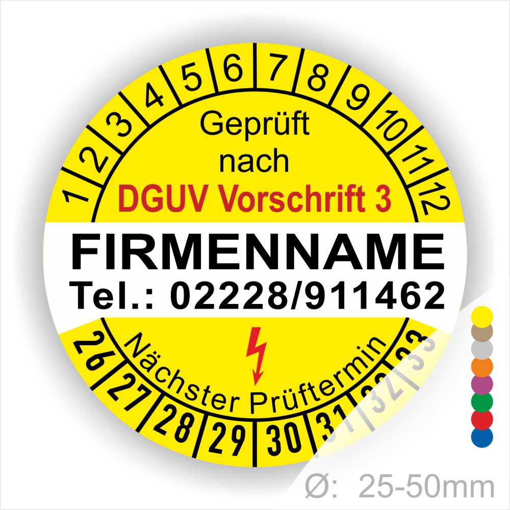 Prüfplakettten DGUV Vorschrift 3 mit Werbeaufdruck