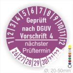 Prüfplakette mit Text Geprüft nach Dguv Vorschrift 4 und Nächster Prüftermin mit zwischen Strich in Weiss. Plaketten Farbe- Lila und Text in Weiss. Monatszahlen oben und Jahreszahlen unten beginnend mit Startjahr- 26