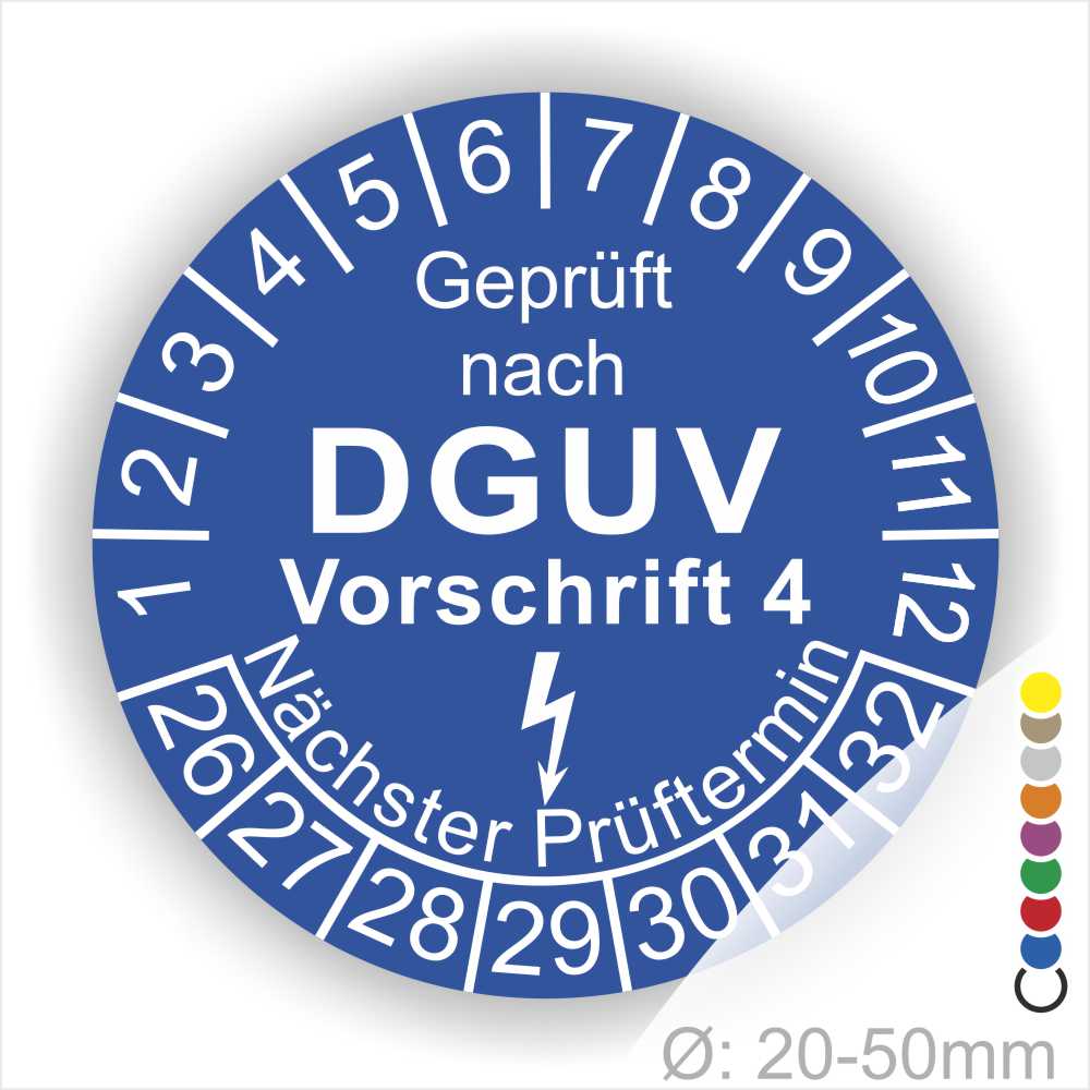 Prüfplakette rund mit Text geprüft nach Dguv Vorschrift 3 danach Elektropfeilund Text Nächster Prüftermin. Plaketten Farbe- Blau und Text in Weiß. Monatszahlen oben und Jahreszahlen unten beginnend mit Startjahr- 26
