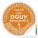 Prüfplakette rund mit Text geprüft nach Dguv Vorschrift 3 danach Elektropfeilund Text Nächster Prüftermin. Plaketten Farbe- Orange und Text in Weiß. Monatszahlen oben und Jahreszahlen unten beginnend mit Startjahr- 26