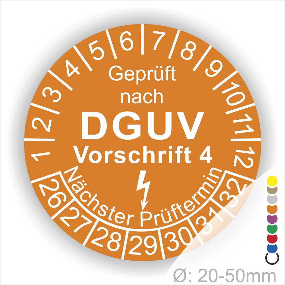 Prüfplakette rund mit Text geprüft nach Dguv Vorschrift 3 danach Elektropfeilund Text Nächster Prüftermin. Plaketten Farbe- Orange und Text in Weiß. Monatszahlen oben und Jahreszahlen unten beginnend mit Startjahr- 26