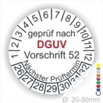 Prüfziffernrad für DGUV Vorschrift 52 mit Angaben zur nächsten Prüfung, geeignet für Durchmesser von 20-50 mm.