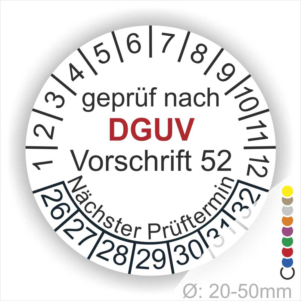 Prüfziffernrad für DGUV Vorschrift 52 mit Angaben zur nächsten Prüfung, geeignet für Durchmesser von 20-50 mm.