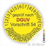 Prüfplakette DGUV Vorschrift 54 Unfallverhütungsvorschrift Winden, Hub- und Zuggeräte in Gelb