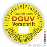 Prüfplakette -Dguv Vorschrit- Text mit Leer Feld zum Beschriften. Prüfaufkleber in Farbe- Gelb, Schriftzug Außen am Prüfaufkleber- Rand sind Monatszahlen und Jahreszahlen Startjahr- 26