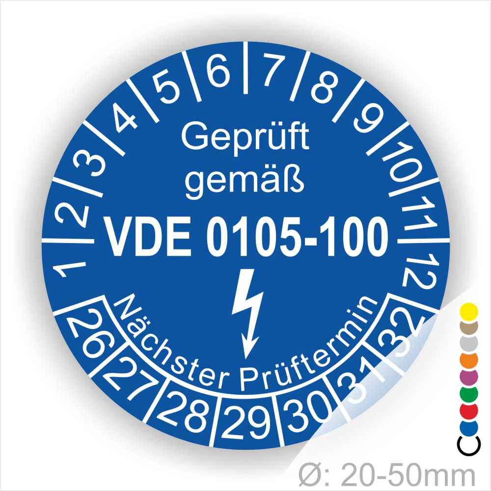 Prüfplaketten rund, Text "geprüft gemäß VDE 0105-100" Farbe- Blau Startjahr- 26 mit Elektro Pfeil, Monatszahlen Oben und Jahreszahlen Unten DIN VDE 0105 Prüfplaketten