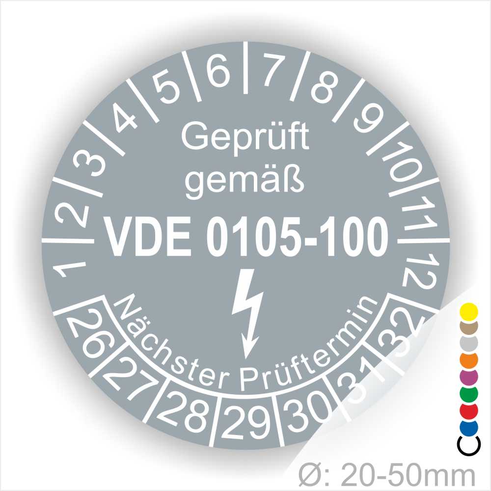 Prüfplaketten rund, Text "geprüft gemäß VDE 0105-100" Farbe- Grau Startjahr- 26 mit Elektro Pfeil, Monatszahlen Oben und Jahreszahlen Unten